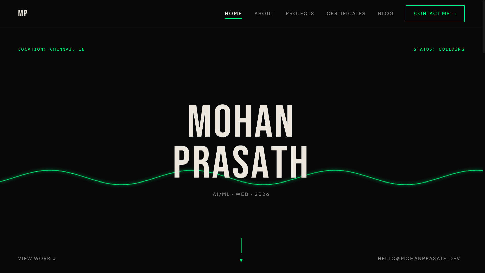 Personal portfolio website built by TaskDrift for Mohan Prasath